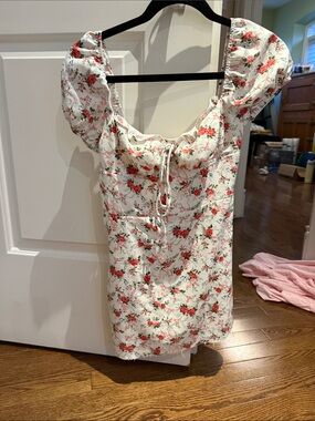 White Floral Puff-Sleeve Mini Dress with Tie Front